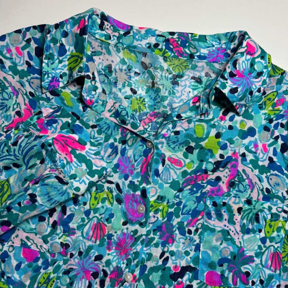 Lilly‎ Pulitzer Linen Button Down Womens M Button Front Top Dive Bar Reef Print